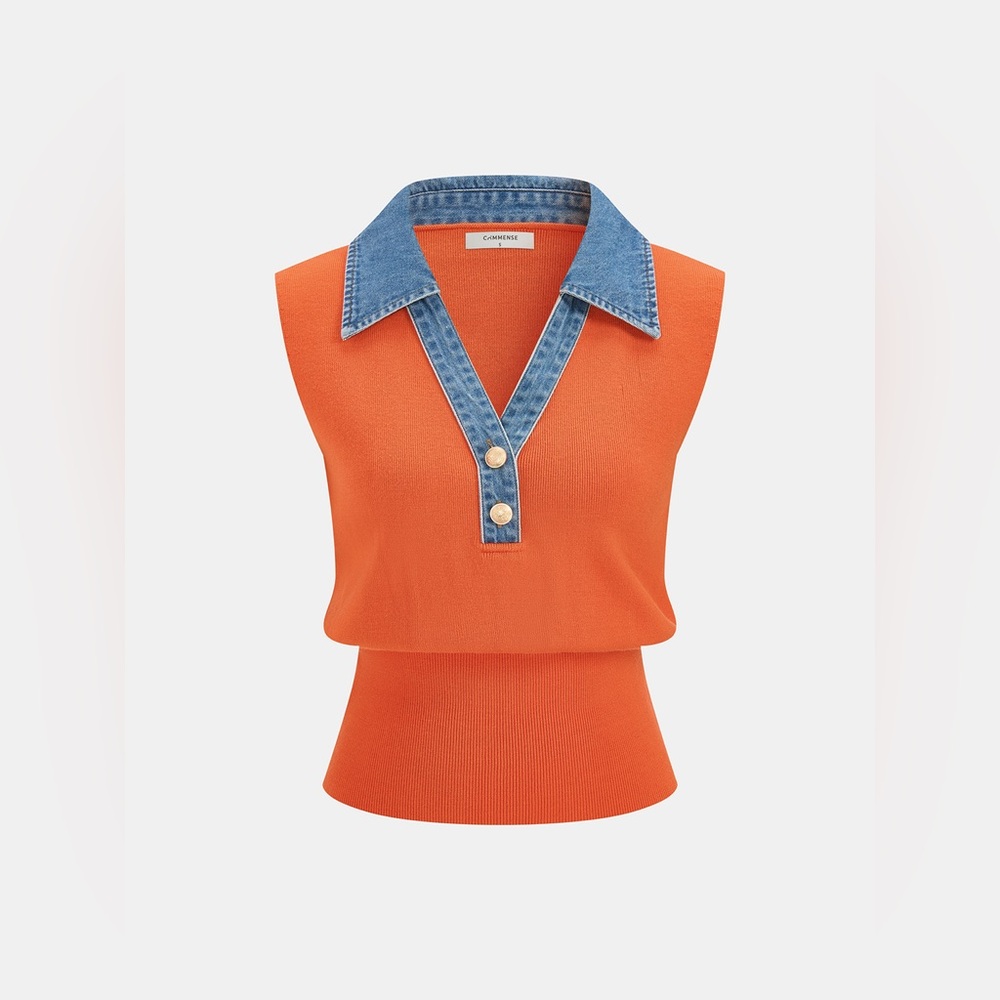 Commense Denim Collar Sleeveless Knit Vest